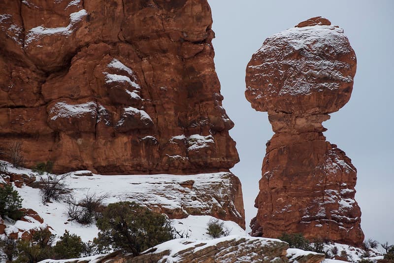 Balanced Rock, dusted with snow.