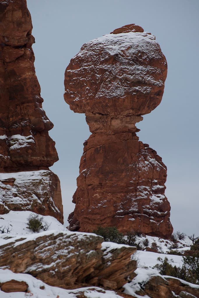 Balanced Rock, dusted with snow.