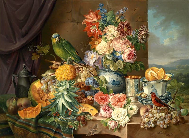 Still life with fruits, flowers and parrot (1836)