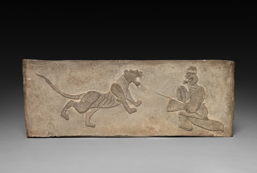 Panel from Model Cooking Stove: Lancer Jousting with a Tiger