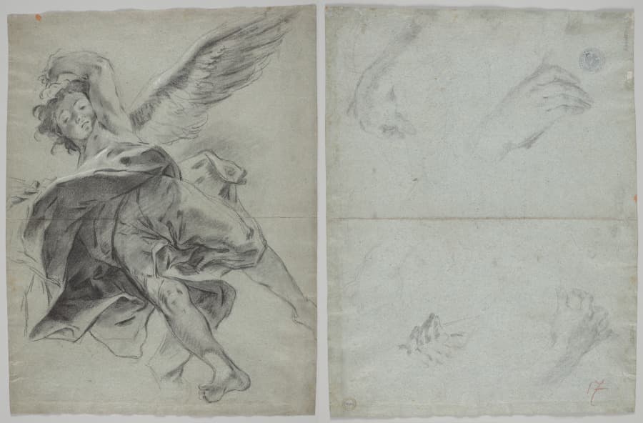 A Flying Angel (recto); Studies of Hands Playing Instruments (verso)