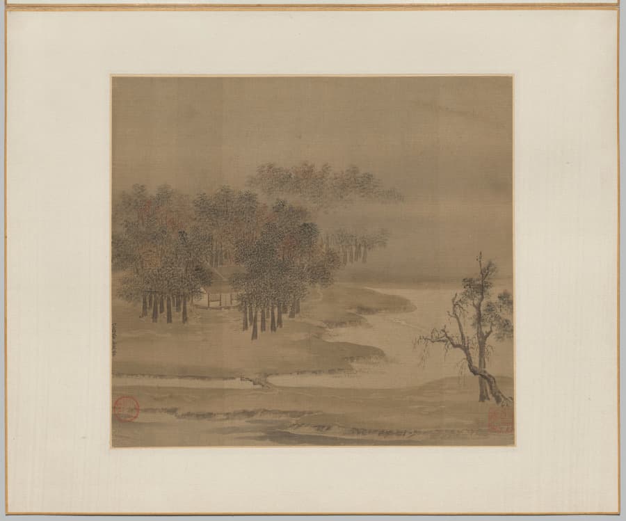 Cottages in a Misty Grove in Autumn