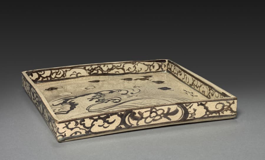 Square Dish with Design of Plovers over Waves