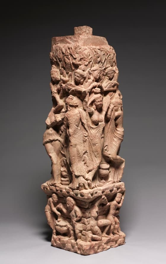 Corner Railing Pillar with Drinking Scenes, Yakshis, and Musicians