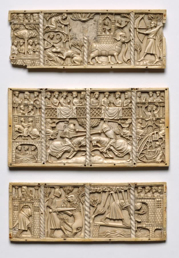 Set of Three Panels from a Casket with Scenes from Courtly Romances