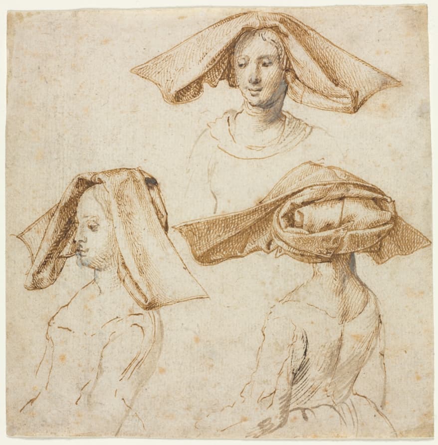 Three Studies of a Woman Wearing an Elaborate Headdress