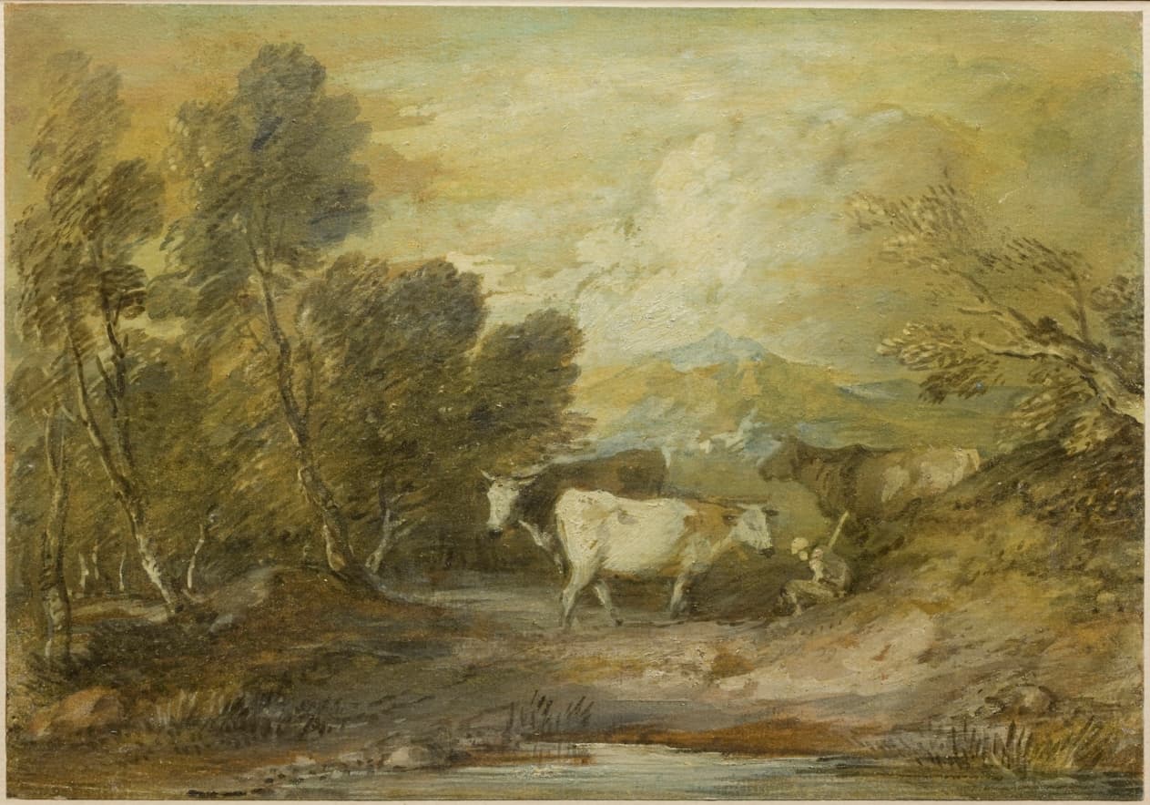 A Herdsman with Three Cows by an Upland Pool
