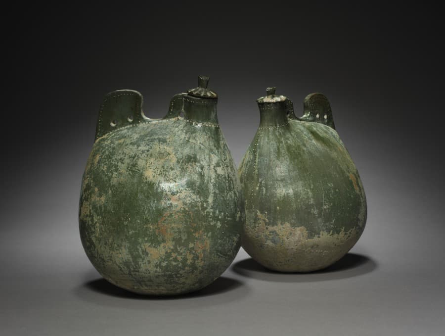 Pair of Leather Bag-Shaped Flasks with Covers