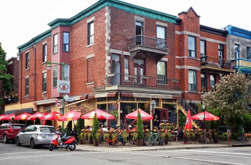 Brick and awnings