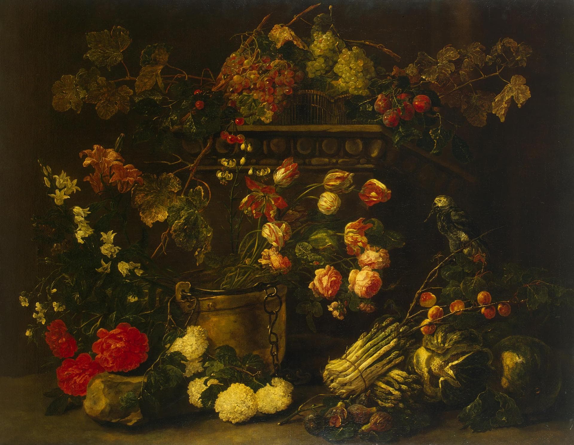 Jan Fyt - Still Life with Flowers, Fruit and Parrot