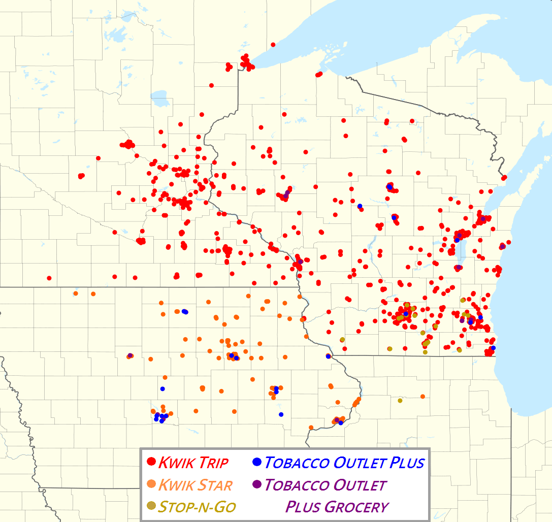 Kwik Trip, Inc. brands Footprint map 2020-12