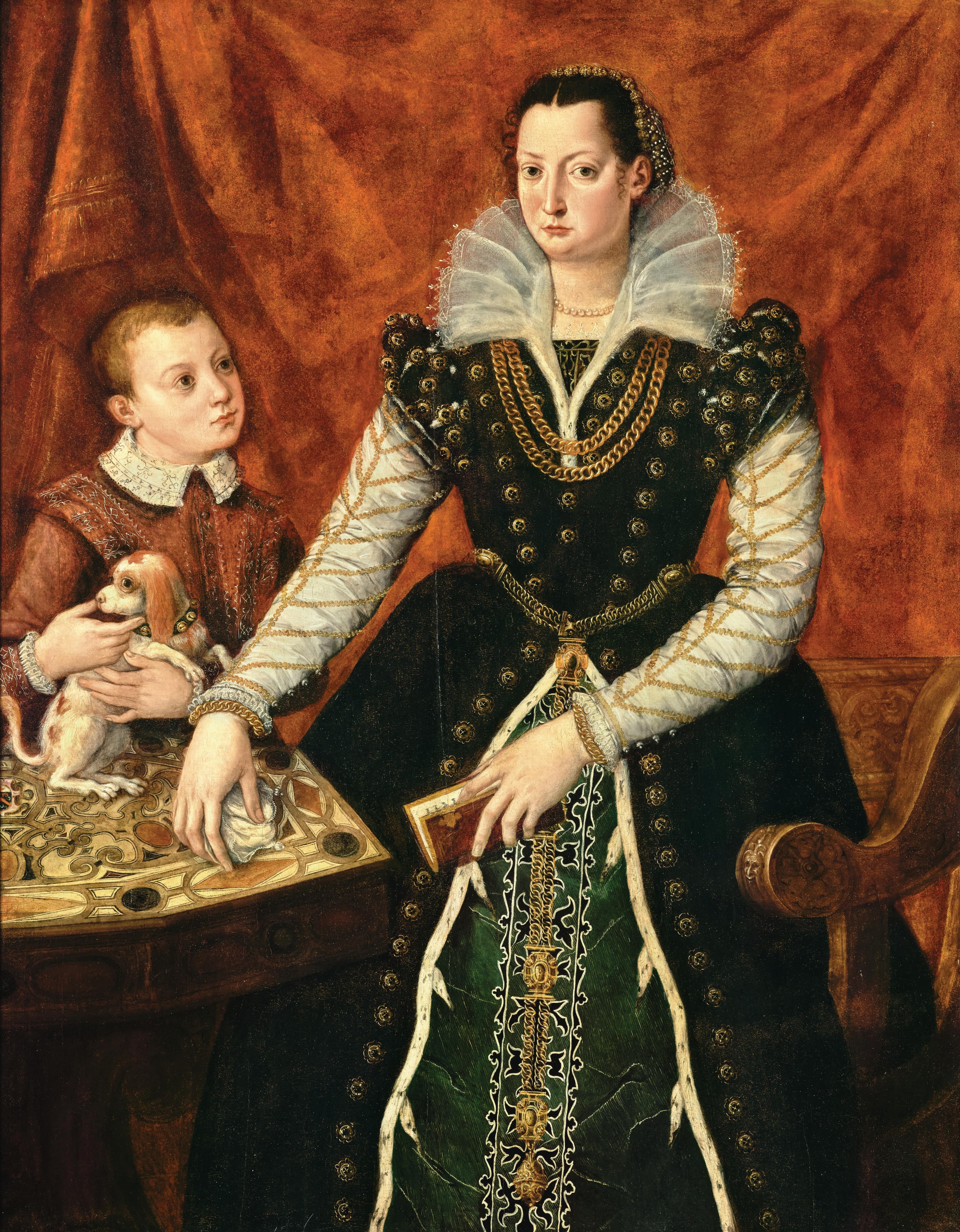 Portrait of noblewoman with her son and a dog Florence 16c