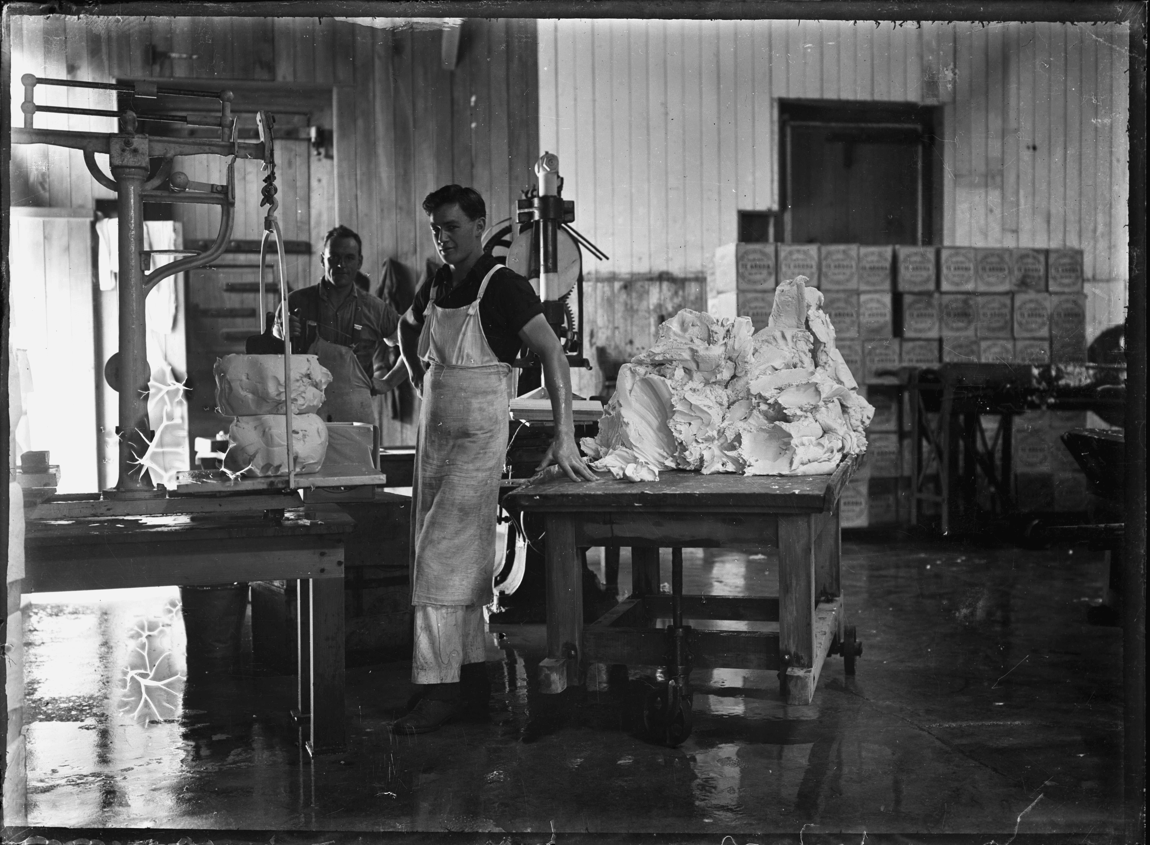 Inside a butter factory at Waitoa, near Te Aroha, 1921 ATLIB 312062