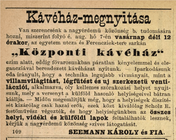 Announcment about the opening of Central Cafe 1887