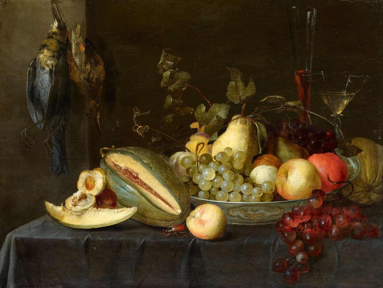 Pieter van Overschie - Still life with fruit and birds