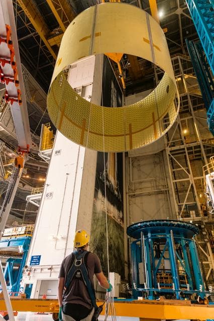 Artemis V Engine Section Barrel Enters Vertical Assembly Center