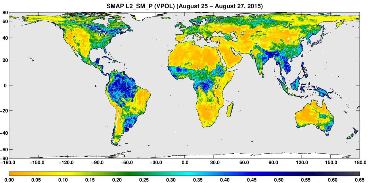 SMAP Global Map of Surface Soil Moisture Aug. 25-27, 2015