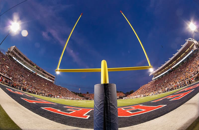 The new field goal posts at Vaught-Hemingway Stadium