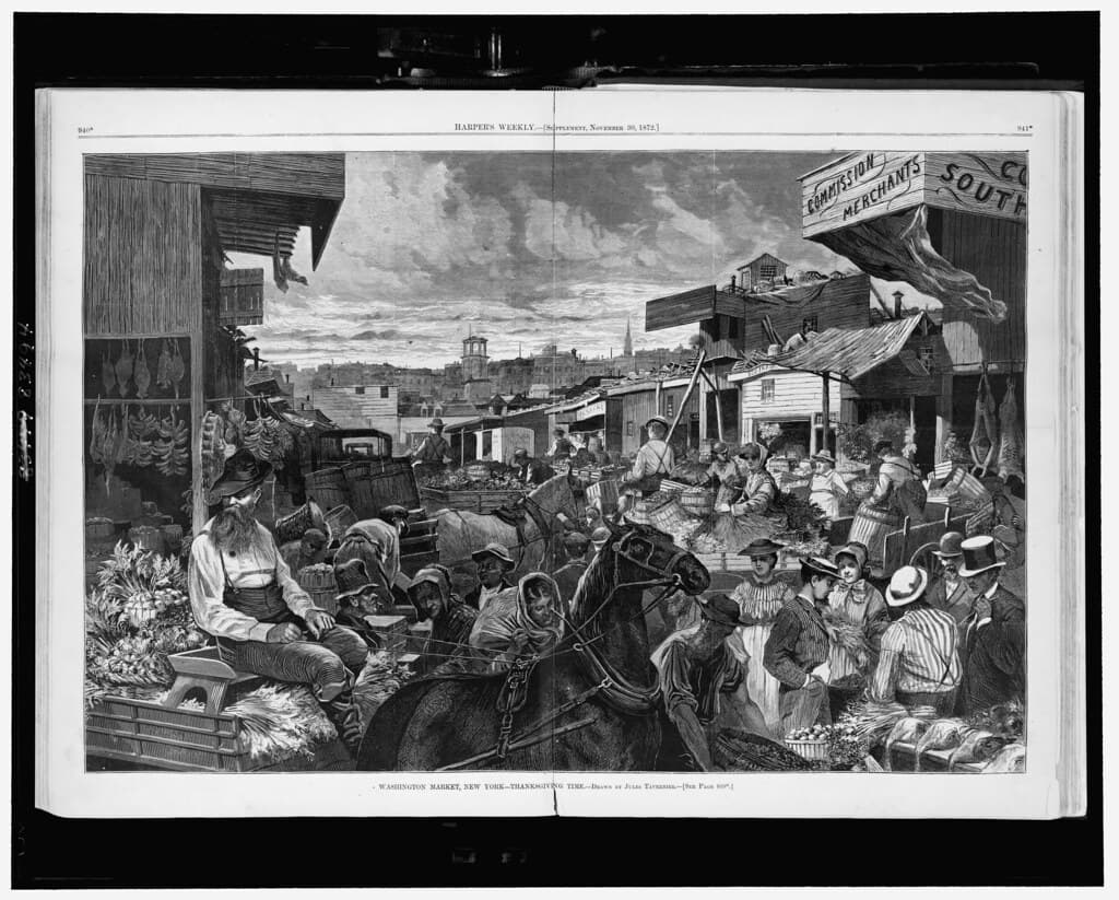City, crowds, food