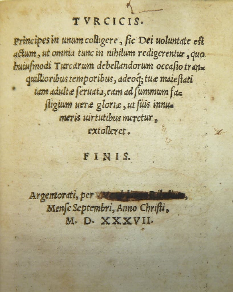 Colophon with the name of the printer, Wendelin Rihel, blacked out