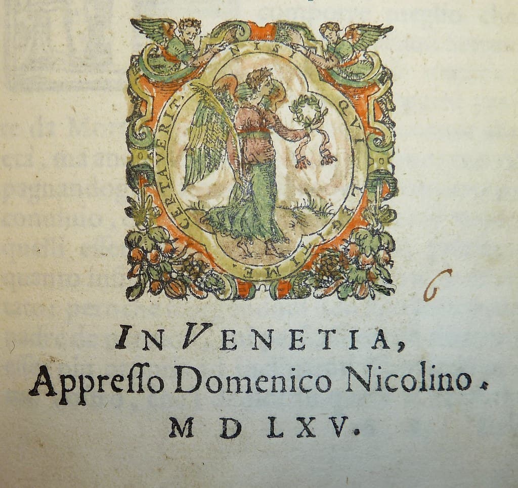Hand-colored printer's device of Domenico Nicolini da Sabio