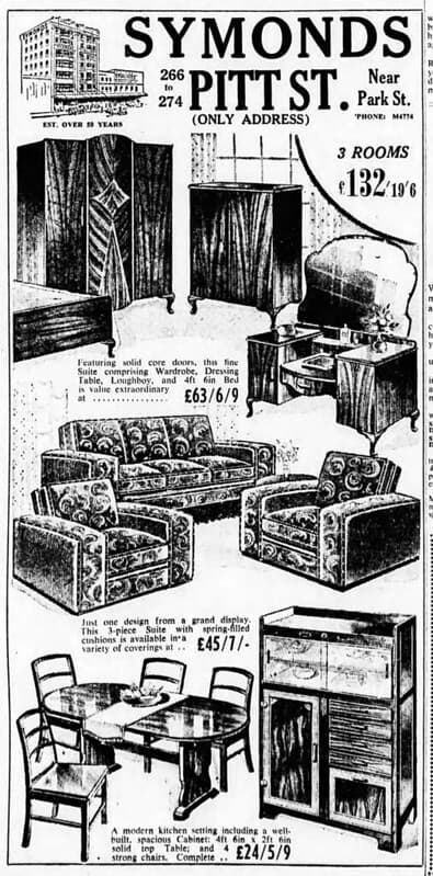 1949 advertisement for furniture at Symonds
