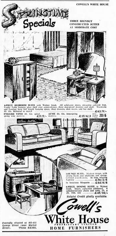 1949 advertisement for furniture at Cowell's White House