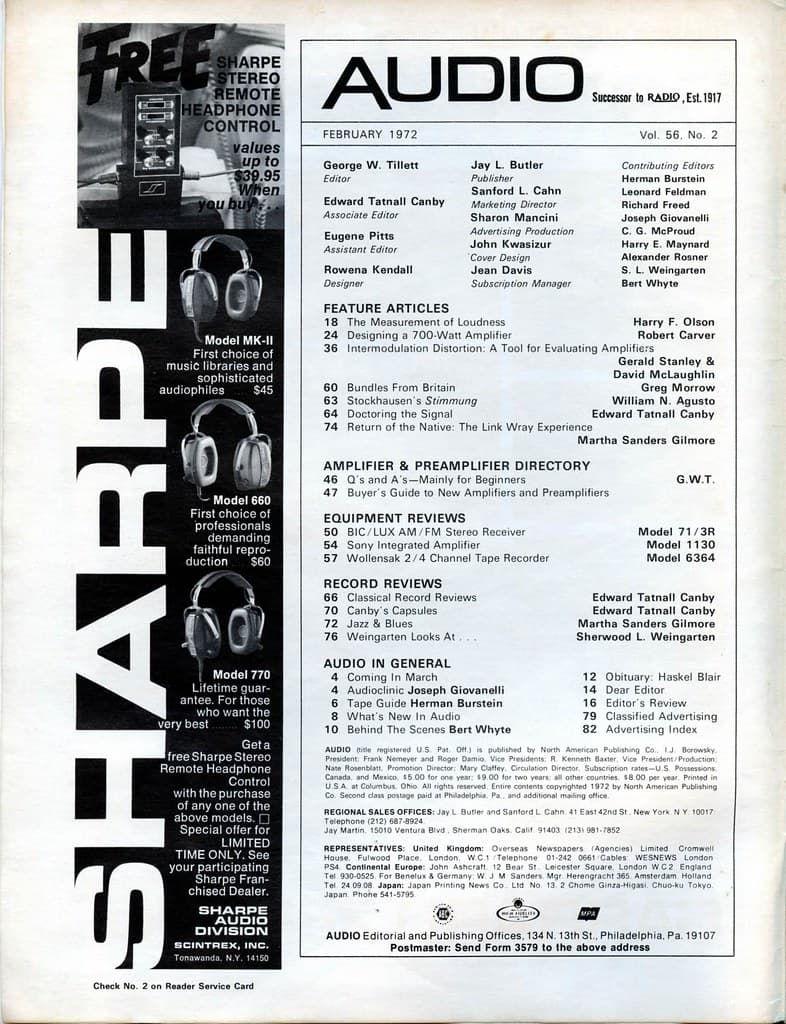 Sharpe headphones, Feb 1972 Audio magazine masthead