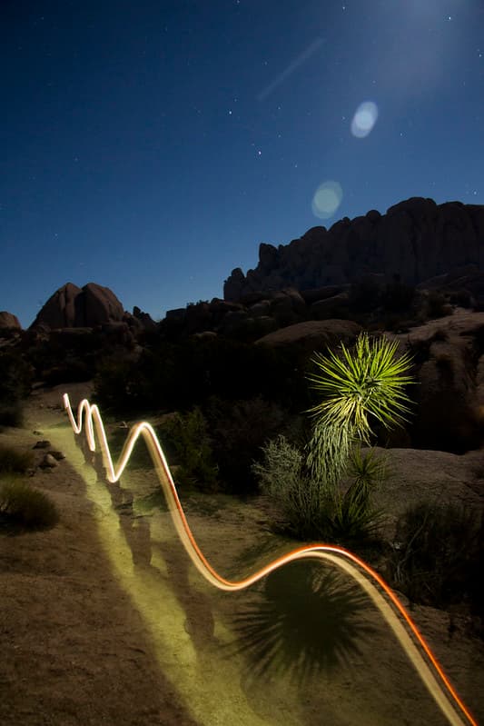 Light trails on the Skull Rock trail at Jumbo Rocks campground