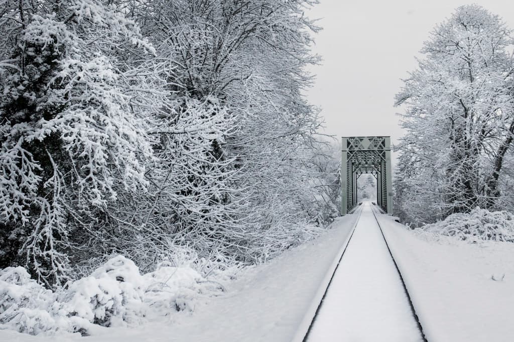 Train trestle in the snow, Willamette Valley, Oregon