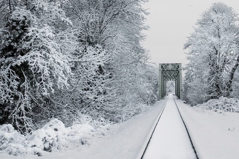 Train trestle in the snow, Willamette Valley, Oregon