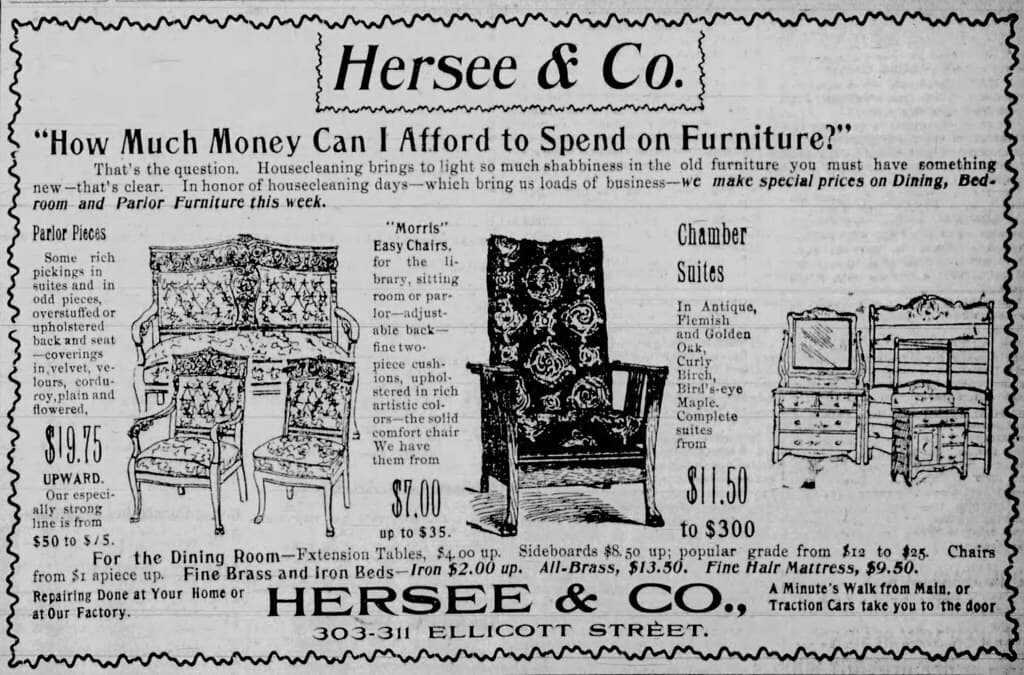1898 advertisement for furniture at Hersee & Co store
