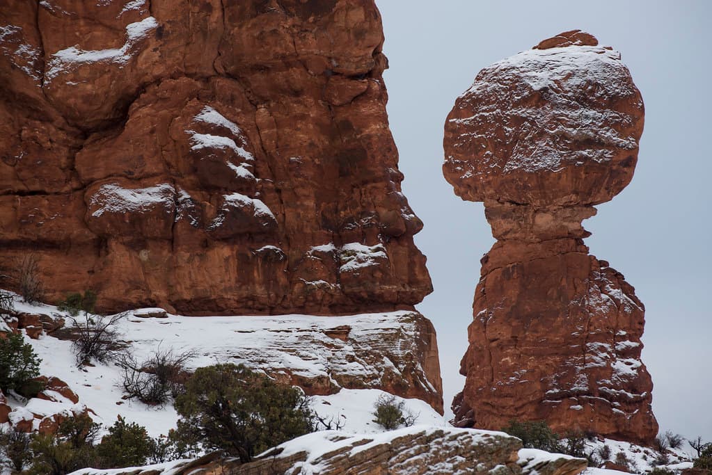 Balanced Rock, dusted with snow.
